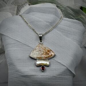 Charles Albert Sterling Silver Agate Pearl Garnet Pendant Necklace 23" 27.8g